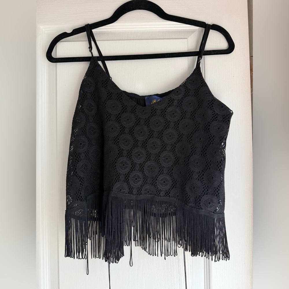 Blue Rain Black Crochet Fringe Camisole Top